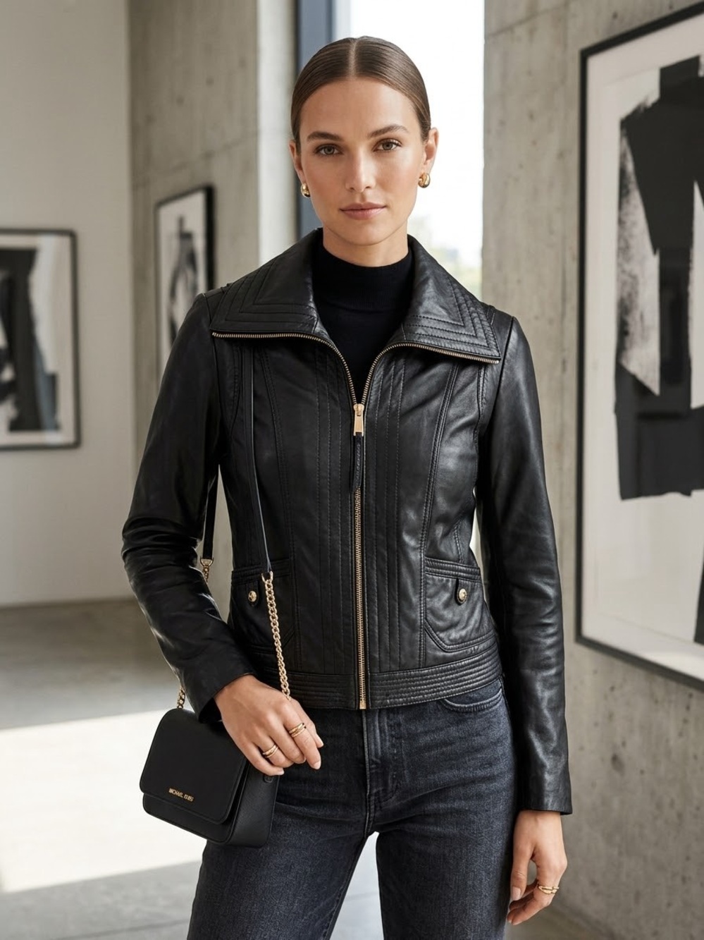 MICHAEL Michael Kors Black Lambskin Moto Leather Zip-Front Jacket Size Medium